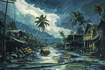 Devastating Aftermath of Hurricane, Concept Illustration of Natural Disaster's Impact, Digital Painting