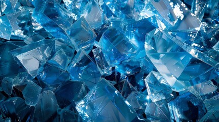 Bright blue crystalline structures scattered with light reflections. Shattered blue crystal textures in detailed composition. Dynamic arrangement of blue crystal shards reflecting light. - obrazy, fototapety, plakaty