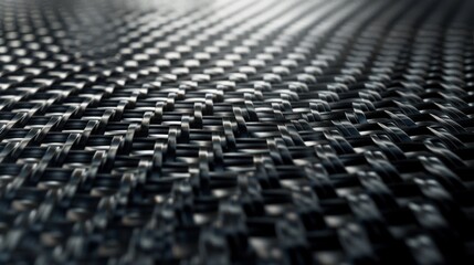 Macro view of carbon fiber weave with reflective sheen. Detailed shot of interlacing carbon threads in a high-tech material. - obrazy, fototapety, plakaty