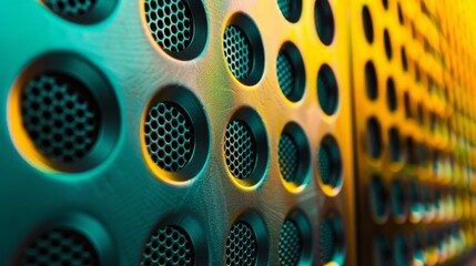 Close-up of colorful speaker grille with sharp gradient focus. Artistic texture on audio equipment for modern design. - obrazy, fototapety, plakaty