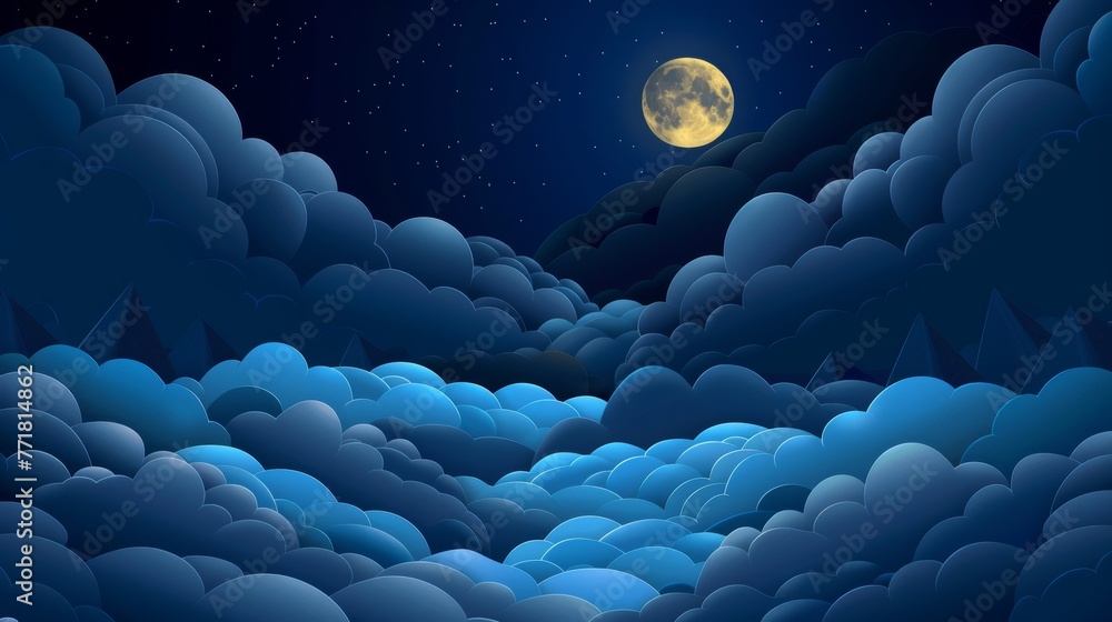 Canvas Prints A paper art moon, fluffy clouds, and stars in the dark sky. 3D origami style paper art illustration.