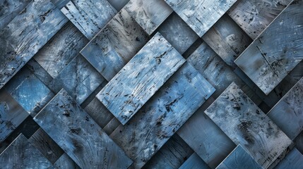 Interlocking weathered blue wooden planks for textured surface design. Weathered blue wood interwoven for a dynamic abstract pattern. - obrazy, fototapety, plakaty