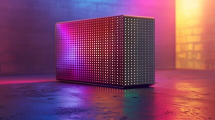 Luminous LED cube speaker with colorful mesh in dark room. Vibrant sound device with LED illumination in atmospheric setting.