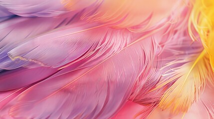 Fototapeta na wymiar Layered bird feathers with pink to purple fusion and yellow highlights. Ethereal feathers in pink, purple, and yellow tones.