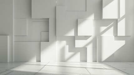 Modern 3D geometric wall creating light and shadow patterns. White block wall design with a dynamic play of light and shadows
