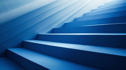 Minimalist blue staircase with geometric precision in modern architecture. Serene blue steps ascending in a smooth gradient of light and shadow.