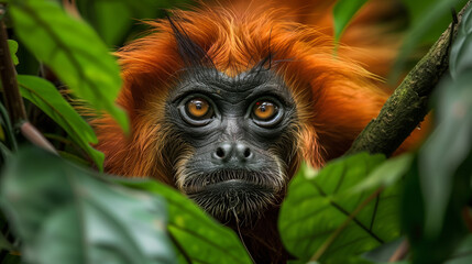 Obraz premium Monkey poking her head through the leaves of jungle forest.