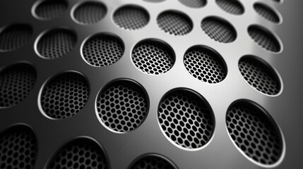 Sleek round metallic speaker patterns for technology background. Abstract design of round audio speaker grilles on a dark surface. - obrazy, fototapety, plakaty
