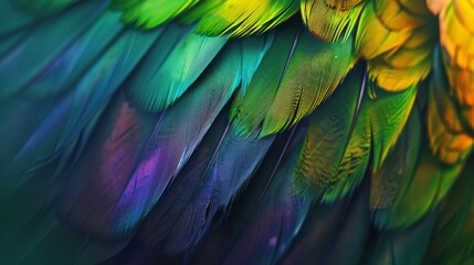Vibrant bird feathers close-up in green, purple, and yellow. Textured detail of colorful feathers displaying nature's palette.