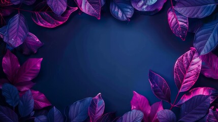 Vibrant neon pink outlined leaves against dark backdrop for artistic backgrounds. Lush purple foliage with neon accents perfect for graphic design.