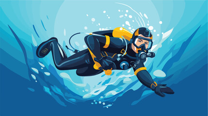 Cartoon man character engaged in scuba diving in se