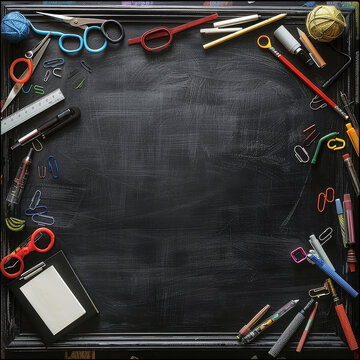 Supplies for school border on black chalkboard, background Job ID: 5603fbd3-2c78-4404-8879-37c8766cafce