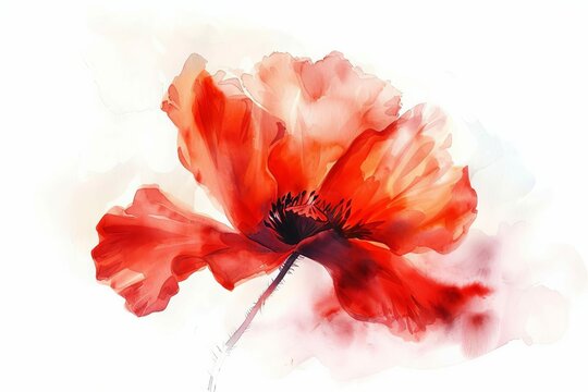 Delicate red poppy flower closeup, Papaver rhoeas, isolated on white, watercolor painting