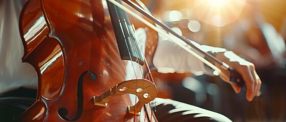 A man plays the cello at a symphony concert, close-up of his hand. - obrazy, fototapety, plakaty