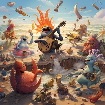 A beach party with sea creatures playing musical instruments