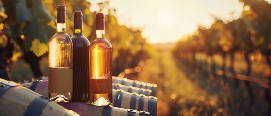 Sunset over wine bottles, barrels, and vineyards