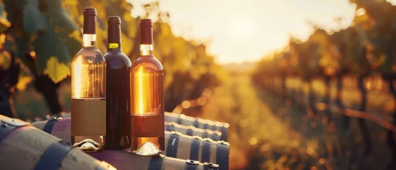Fototapeten Sunset over wine bottles, barrels, and vineyards © Zaleman
