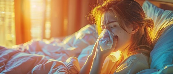 An ill young woman blowing her nose in bed - obrazy, fototapety, plakaty