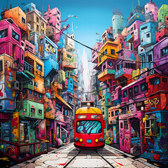 A cityscape where buildings are covered in vibrant murals - obrazy, fototapety, plakaty