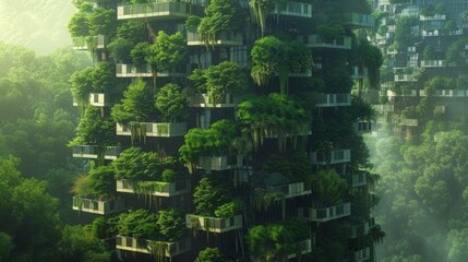 Verdant Vertical Gardens on City High-Rise Buildings at Dawn