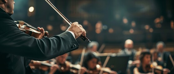 Performing symphony orchestra background, close-up of hands of conductor. - obrazy, fototapety, plakaty