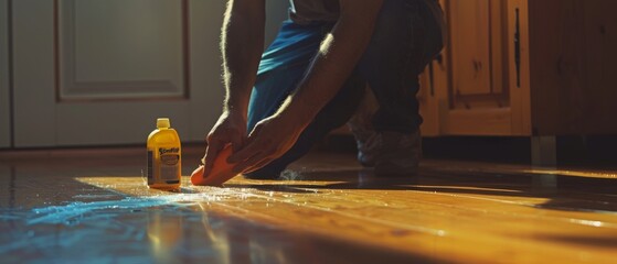 The hand of a male is applying wood care products and cleaners to the hardwood floor surface. - obrazy, fototapety, plakaty