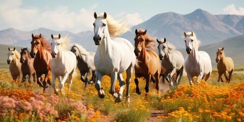 horses galloping in the steppe Generative AI - obrazy, fototapety, plakaty