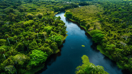 Serene river flowing through green luscious jungle, aerial view.