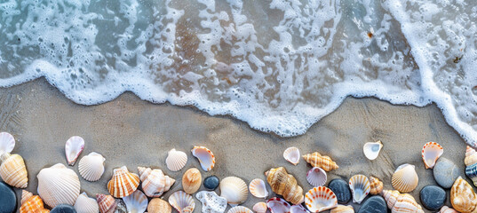 Background of seashells and stones on the beach