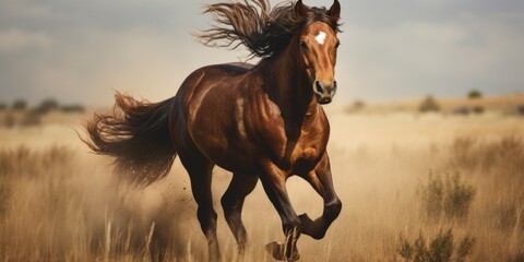 hors galloping in the steppe Generative AI - obrazy, fototapety, plakaty
