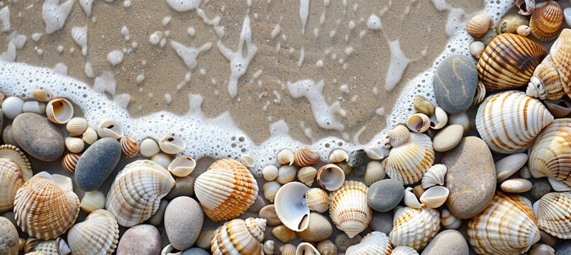 Background of seashells and stones on the beach
