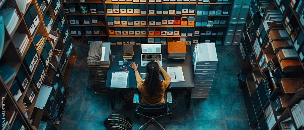 Aufkleber an organized archive with ring binders and a woman using a laptop to search for files, top view