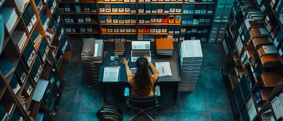An organized archive with ring binders and a woman using a laptop to search for files, top view - obrazy, fototapety, plakaty