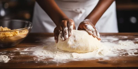 Poster woman kneading dough for baking Generative AI © València
