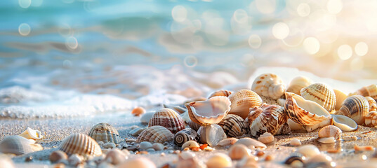 Background of seashells and stones on the beach