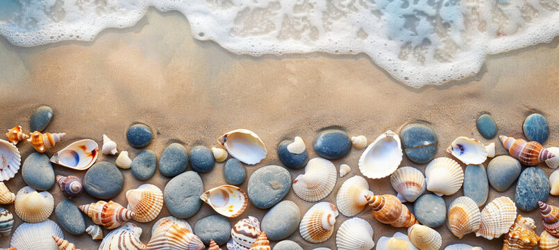 Background of seashells and stones on the beach