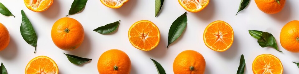 Oranges fruit on white background. Citrus pattern with tangerines and leaves. Wide banner for advertisement.