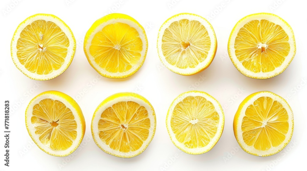 Poster slicing lemons isolated on white background. top view.