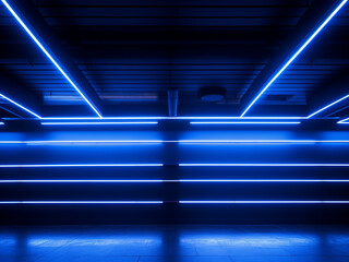 Neon light stripe illuminates a corner in contemporary architectural background.