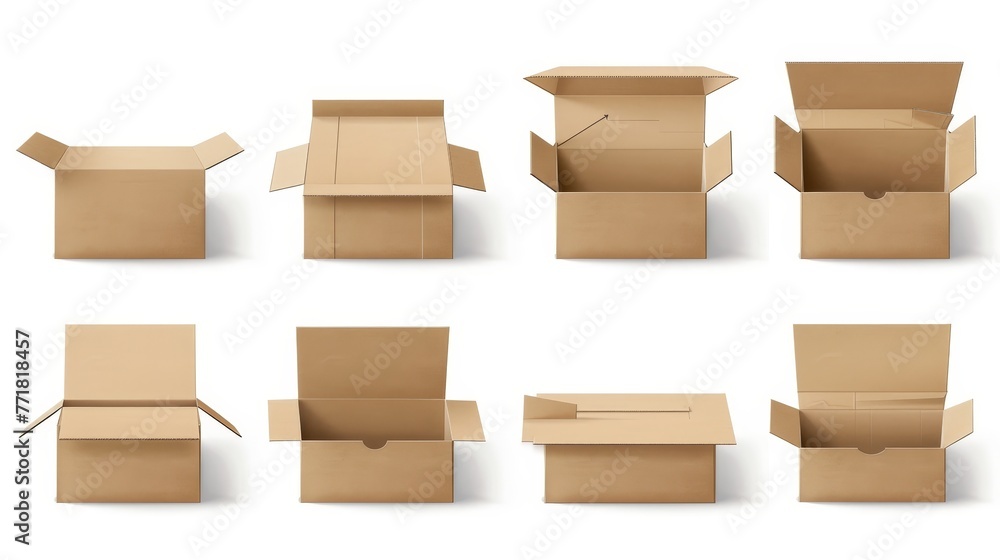 Poster Isolated on white background, realistic cardboard box mockup set showing side, front and top views. Parcel packaging template - modern illustration.