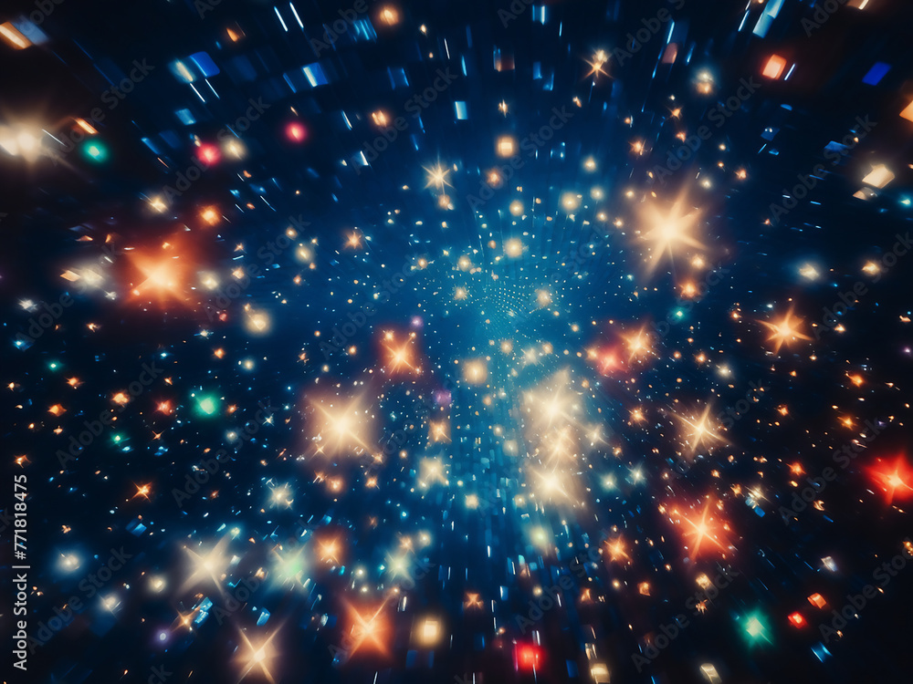 Poster disco-colored stars move dynamically in the background.