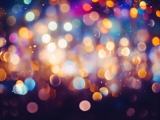 Defocused Christmas lights create a colorful and blurred bokeh effect.