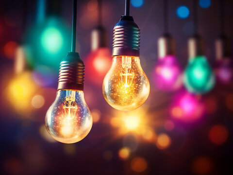 Glittering shine bulbs blur abstractly in a colorful background.
