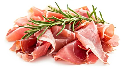 An Italian prosciutto crudo or a Spanish jamon sliced on a white background with rosemary.