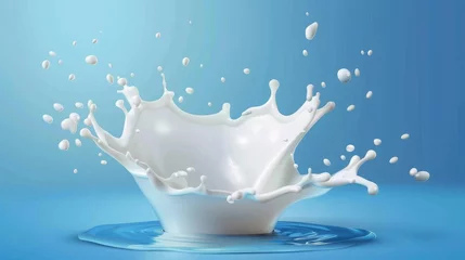 Fototapeten Animated milk splash isolated on blue background. Dairy product, such as yogurt or cream, splashed in a crown from a flying drop. © Zaleman