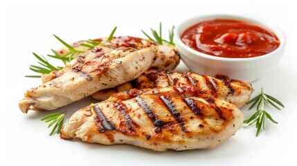 A white background with an isolated grilled chicken fillet with tomato sauce