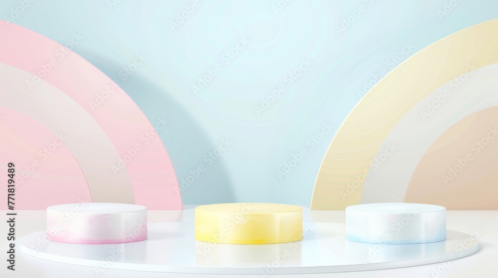 Aufkleber This is a set of realistic 3d cylinder pedestal podiums with pastel yellow, blue, and pink in a semi-circle backdrop. Abstract modern rendering geometric platform. Product display presentation.