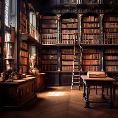 A quiet library with rows of old books. 