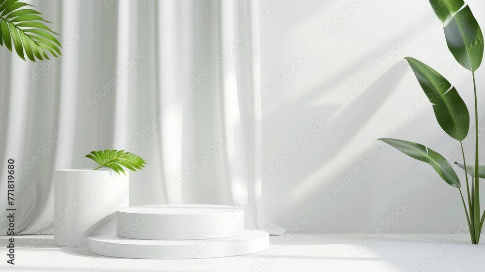 Aufkleber an abstract wall scene mockup of a realistic white cylinder pedestal podium set on a white curtain w