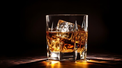 Whiskey glass with ice cubes on dark background, perfect for advertising. Amber-colored whiskey or bourbon in an old fashioned glass with ice cubes on a dark background. Isolated on black. 